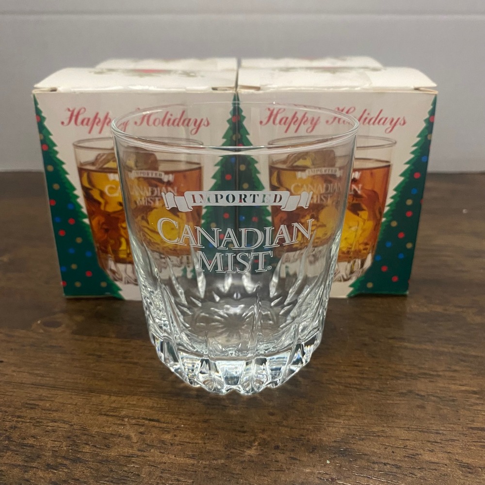 Set of 4 Canadian Mist Whiskey Rocks Glasses Vintage Holiday Gift Boxes NOS 1997